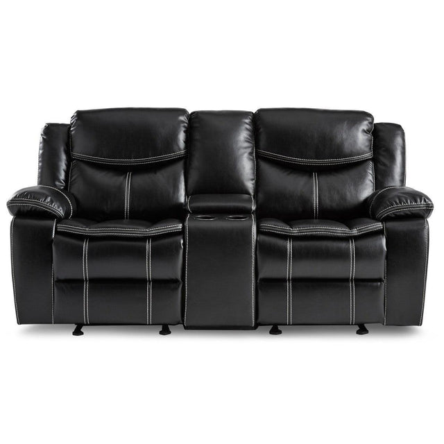 Bastrop Black Faux Leather Double Glider Reclining Loveseat with Center Console front angle