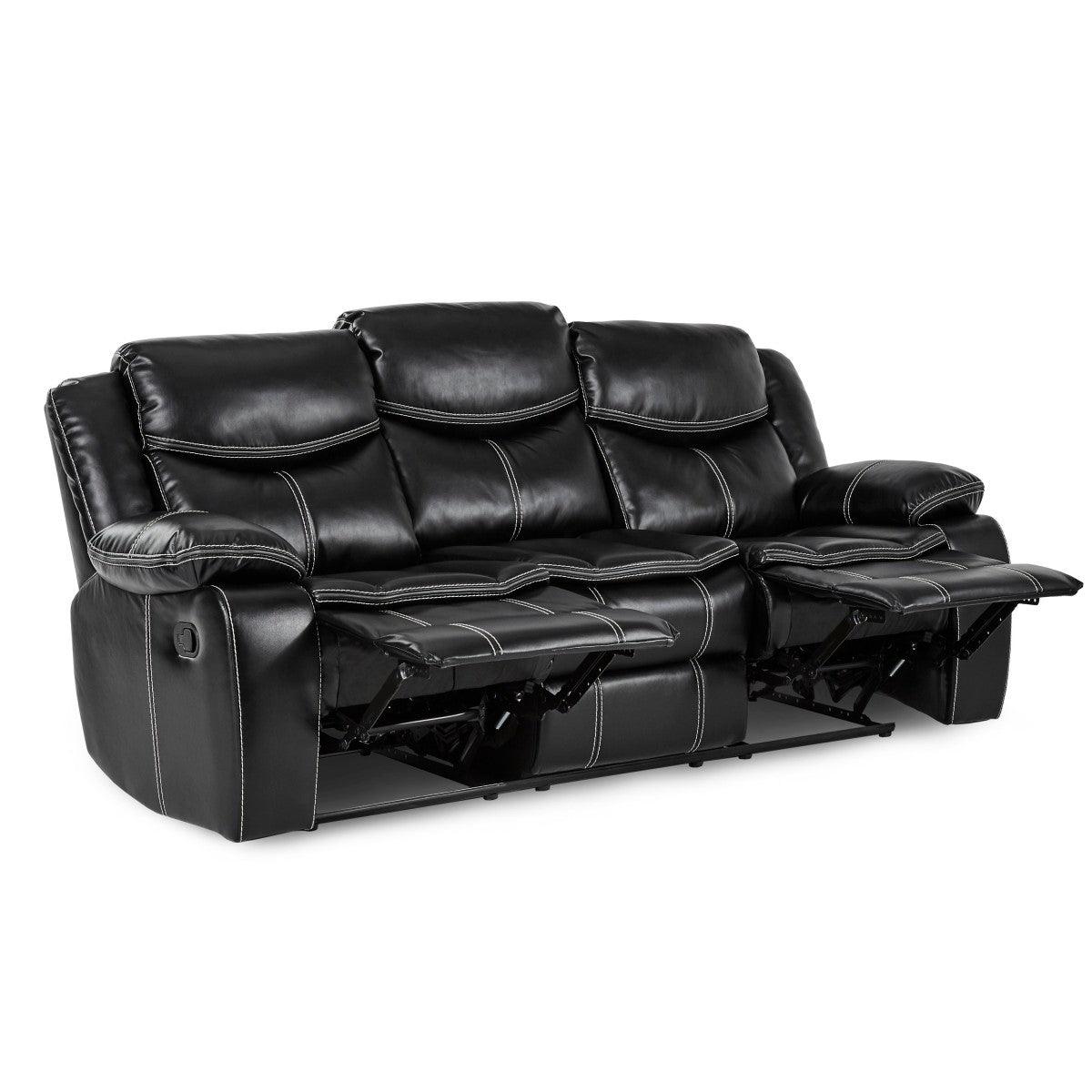 Bastrop Black Faux Leather Double Reclining Sofa reclining position