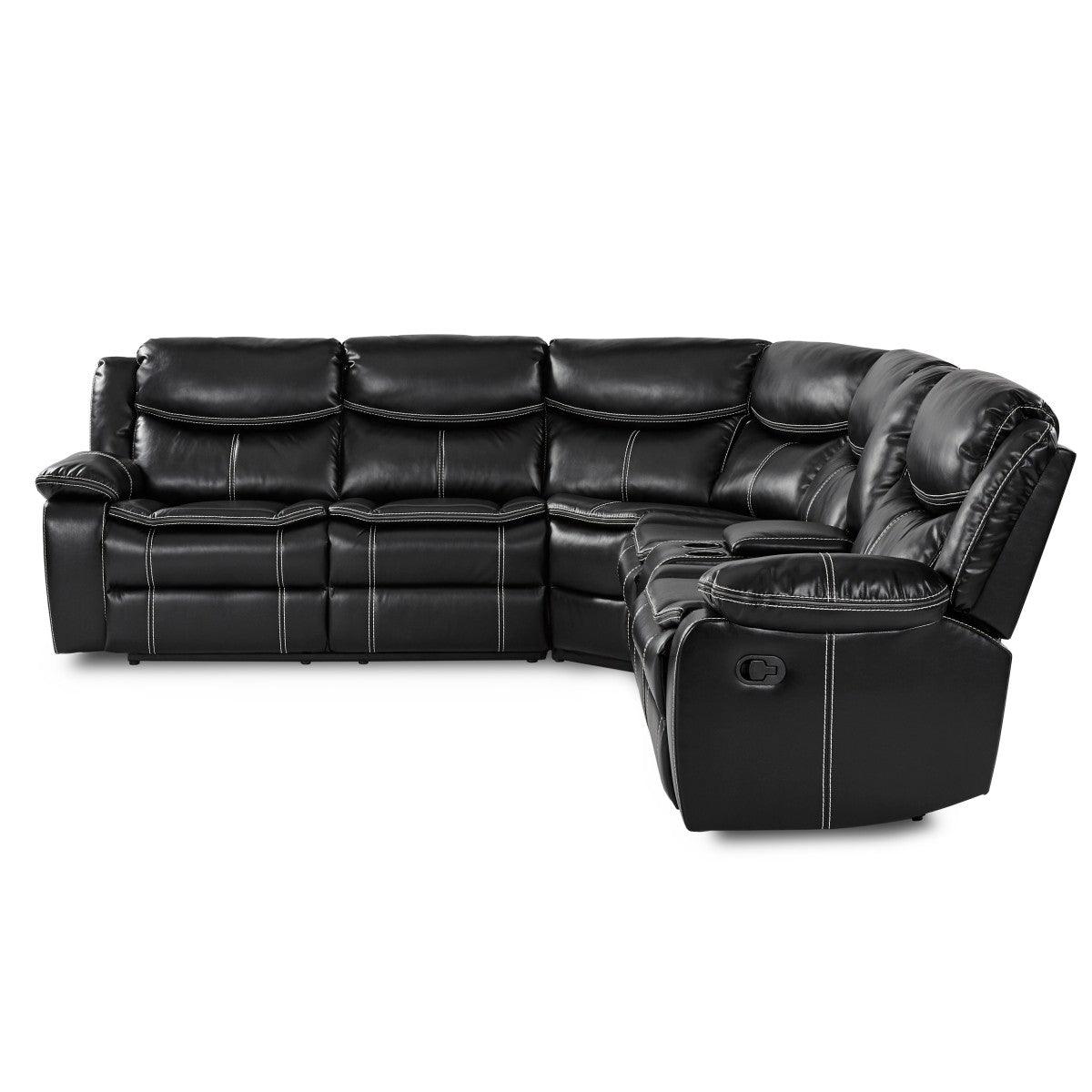 Side view of Bastrop Black Faux Leather 3-Piece Sectional Sofa showing reclining features