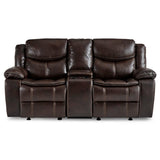 Bastrop Brown Faux Leather Double Glider Reclining Loveseat front view with center console