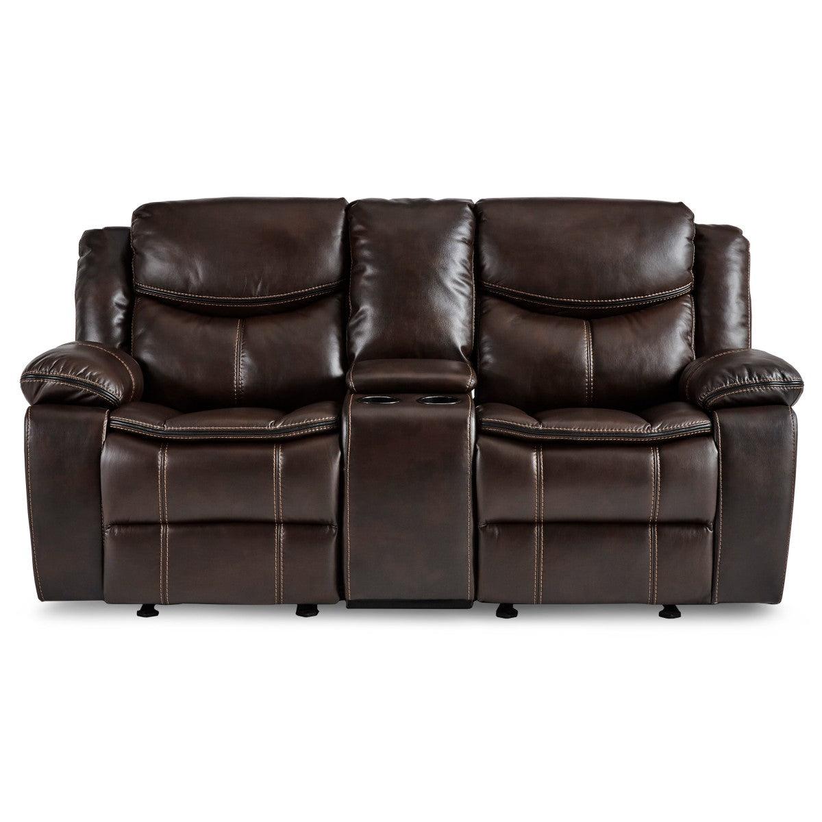 Bastrop Brown Faux Leather Double Glider Reclining Loveseat front view with center console