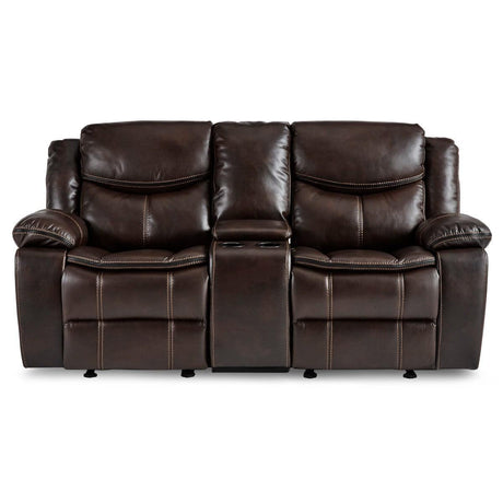 Bastrop Brown Faux Leather Double Glider Reclining Loveseat front view with center console