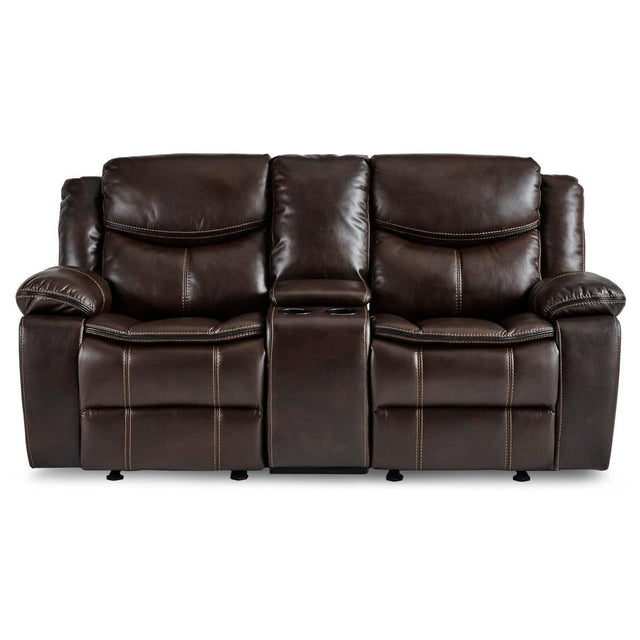 Bastrop Brown Faux Leather Double Glider Reclining Loveseat front view with center console