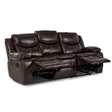 Bastrop Brown Faux Leather Double Reclining Sofa reclined position showing footrest