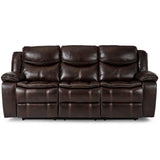 Bastrop Brown Faux Leather Double Reclining Sofa angled view showing seat and armrest
