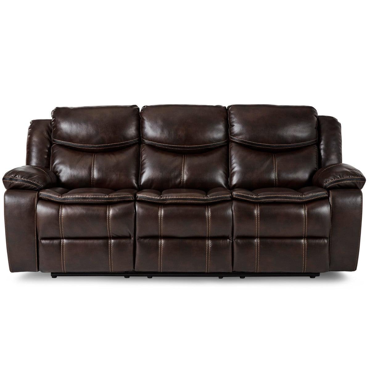Bastrop Brown Faux Leather Double Reclining Sofa angled view showing seat and armrest