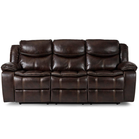 Bastrop Brown Faux Leather Double Reclining Sofa angled view showing seat and armrest