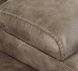 Close-up of jumbo stitching on fossil faux leather upholstery