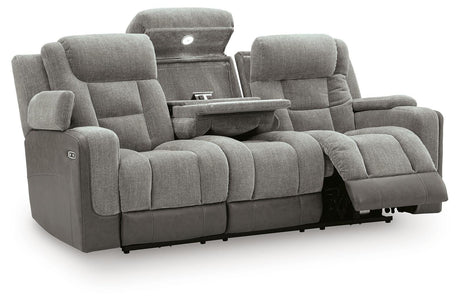 Mixed Motion Shadow Chenille / Faux Leather Power Reclining Sofa — angled view