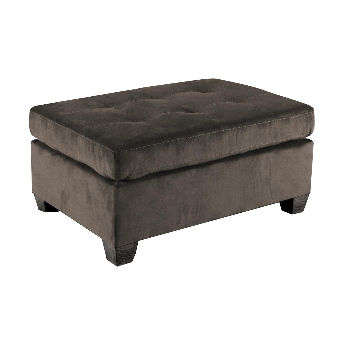 Side angle of chocolate tufted microfiber fabric ottoman