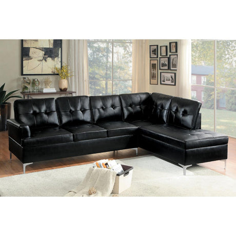 Side angle of Barrington Black Faux Leather 2-Piece Sectional sofa with right chaise