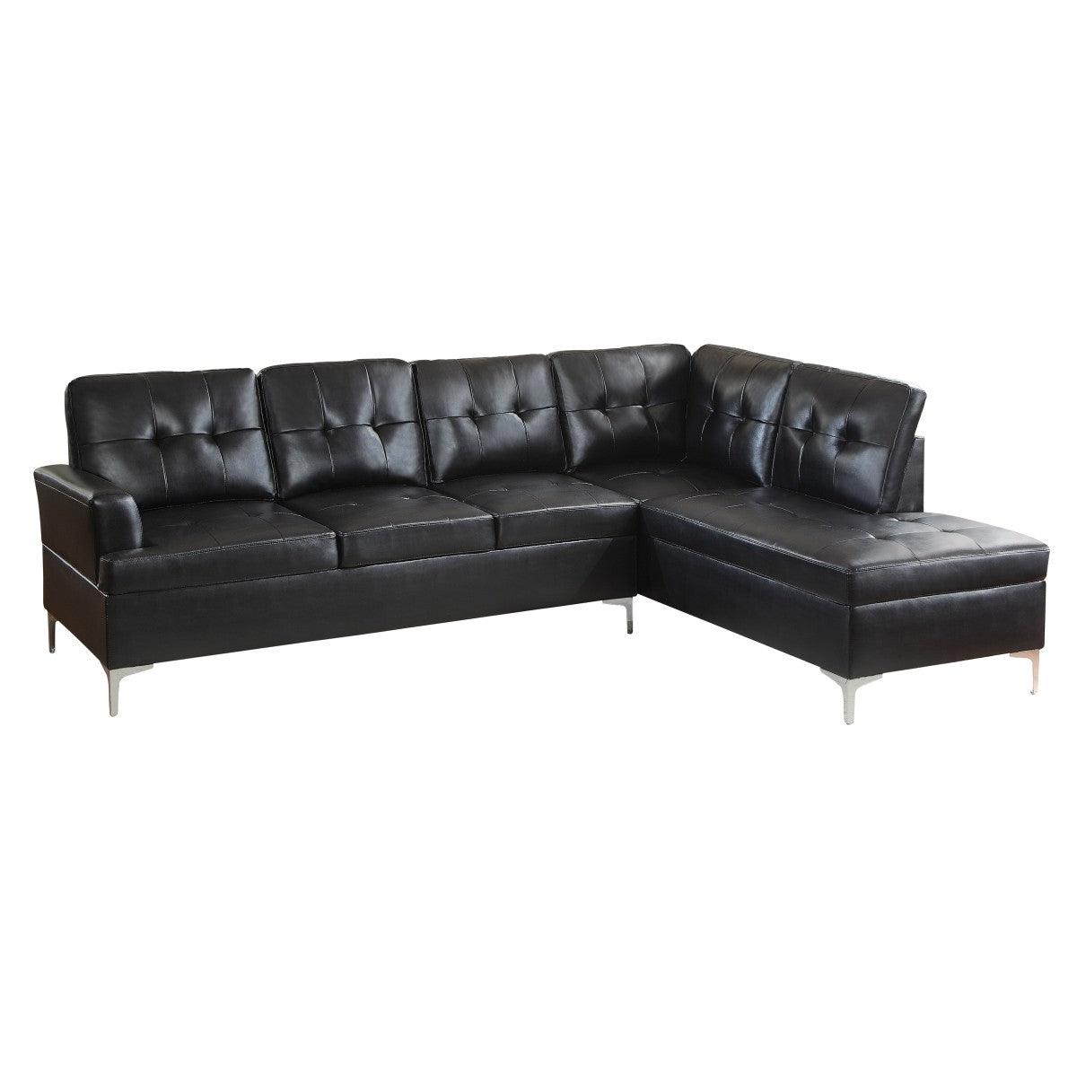 Barrington Black Faux Leather 2-Piece Sectional sofa with right chaise front and side view