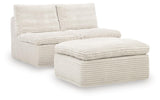 Front view of Fannin Ivory Chenille Armless Chair with Ottoman