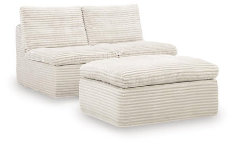 Front view of Fannin Ivory Chenille Armless Chair with Ottoman