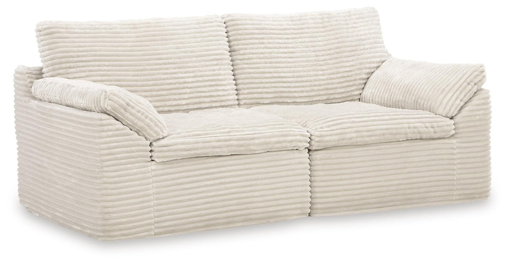 Close-up detail of ivory chenille fabric and cushioning
