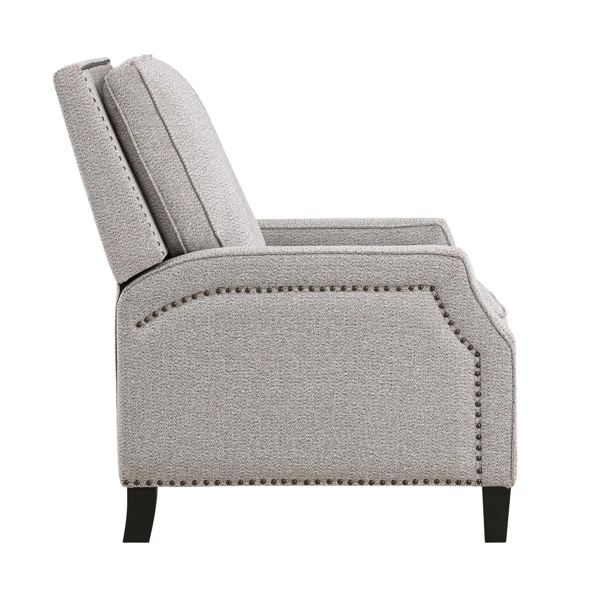 Berenson Coconut push-back reclining chair with exposed black wood feet