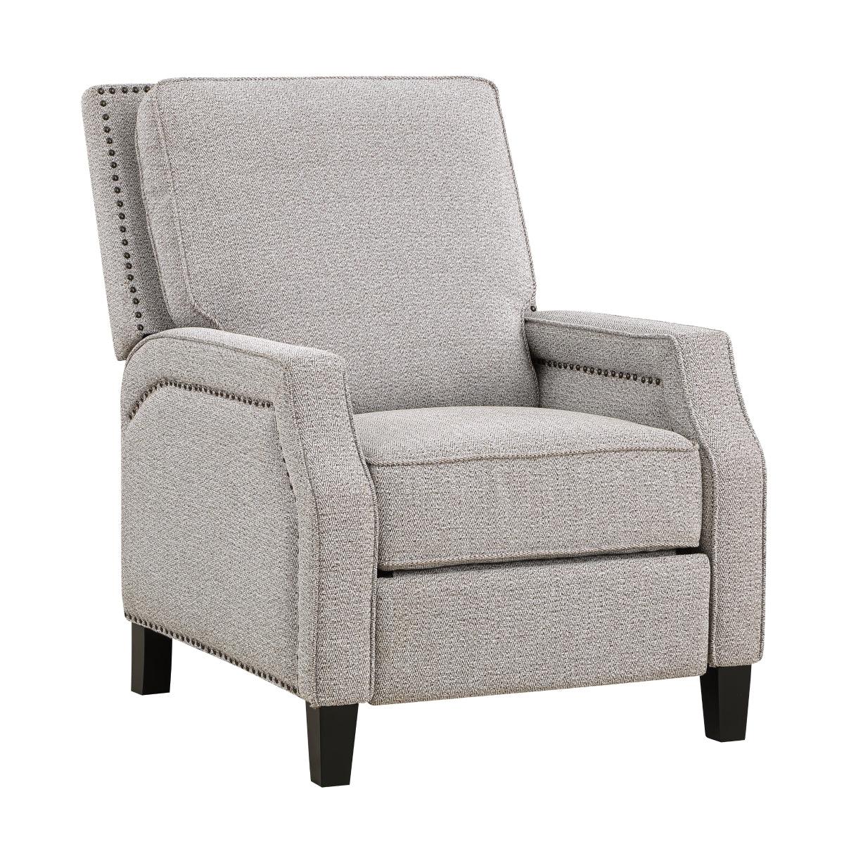 Berenson Coconut chenille fabric recliner showing nailhead trim detail