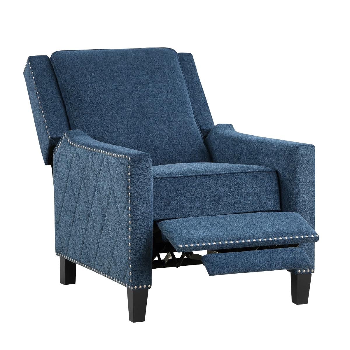 Banks Blue Recliner wood feet detail