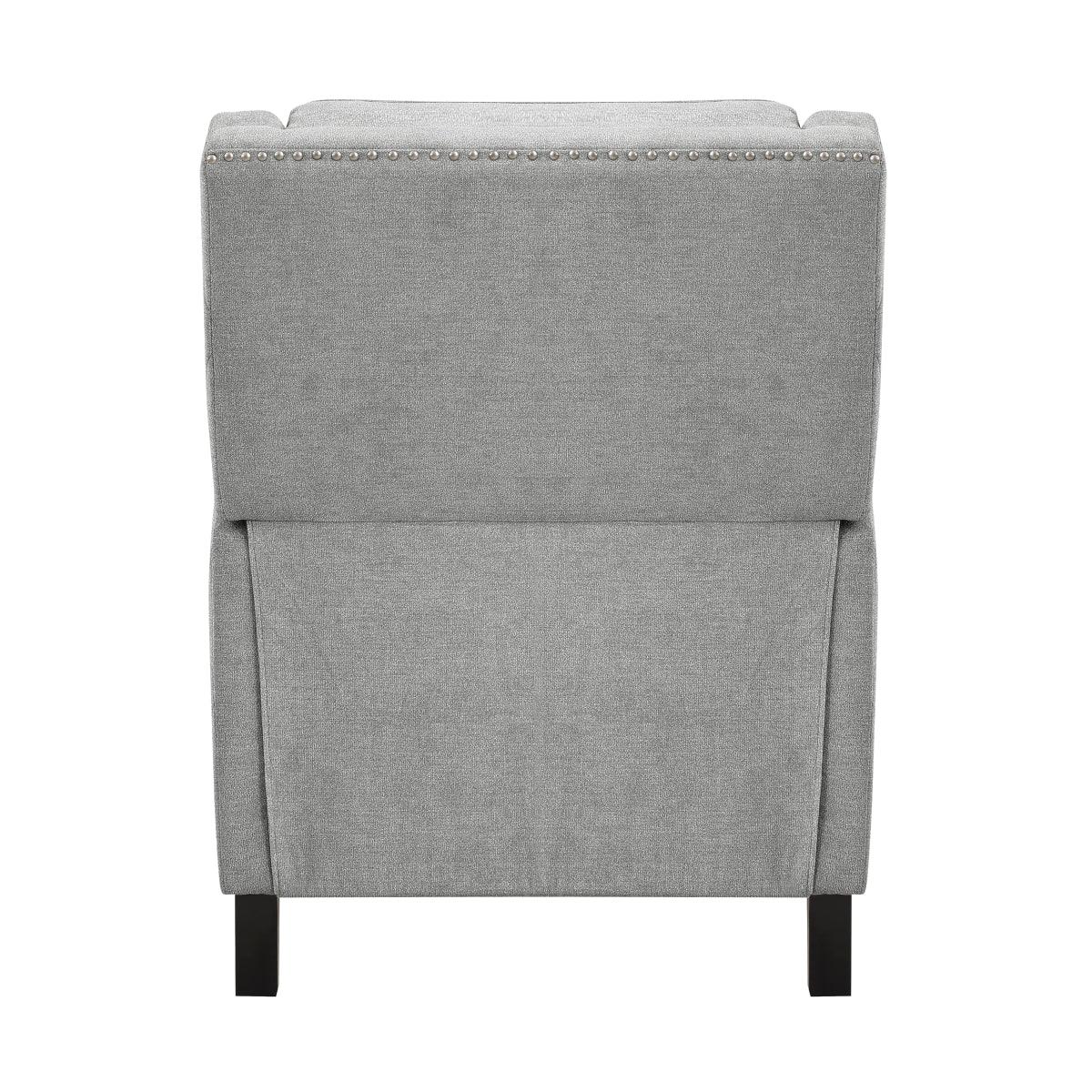 Banks gray textured fabric recliner close-up showing nailhead trim