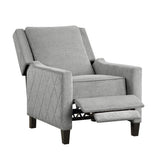 Banks gray fabric recliner armrest detail with nailhead trim