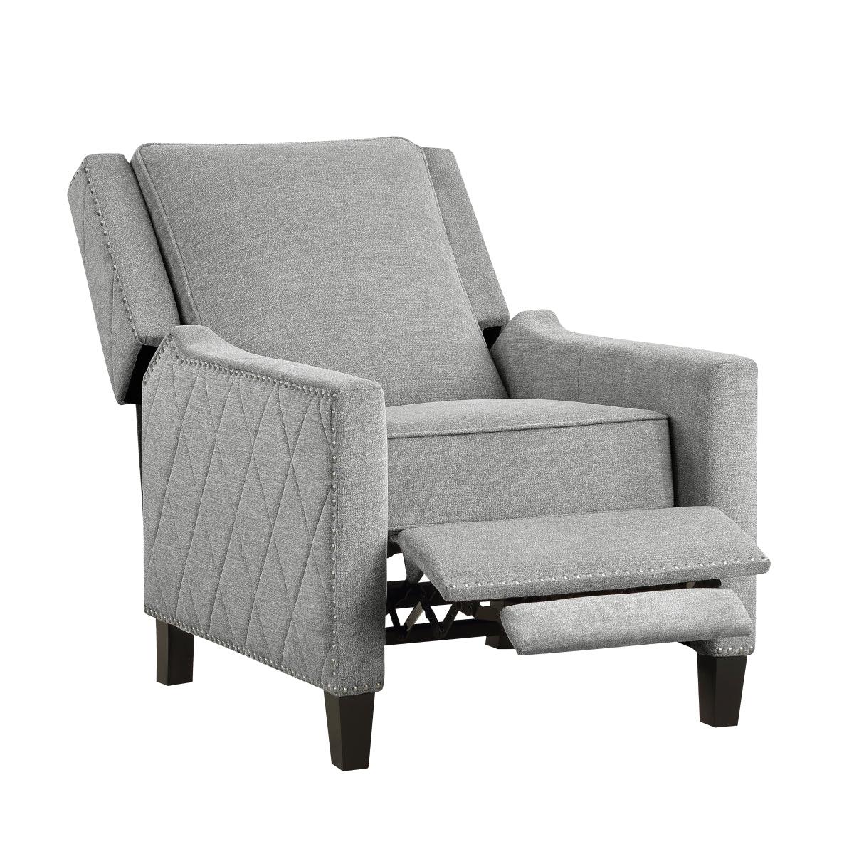 Banks gray fabric recliner armrest detail with nailhead trim