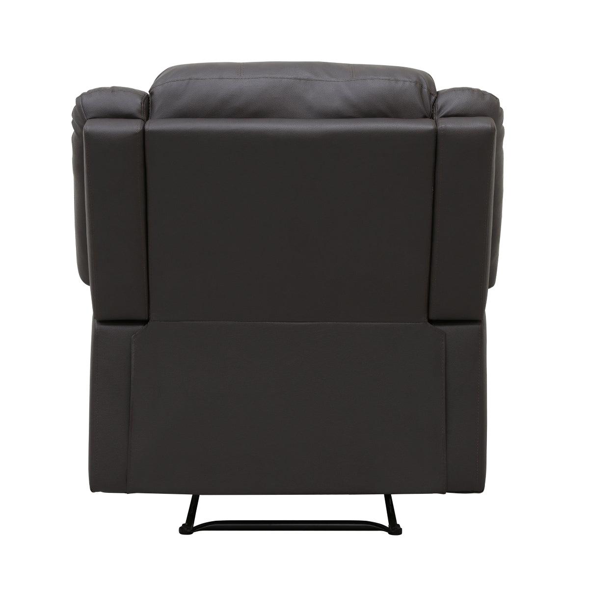 Fairview dark brown faux leather recliner chair side tab reclining mechanism