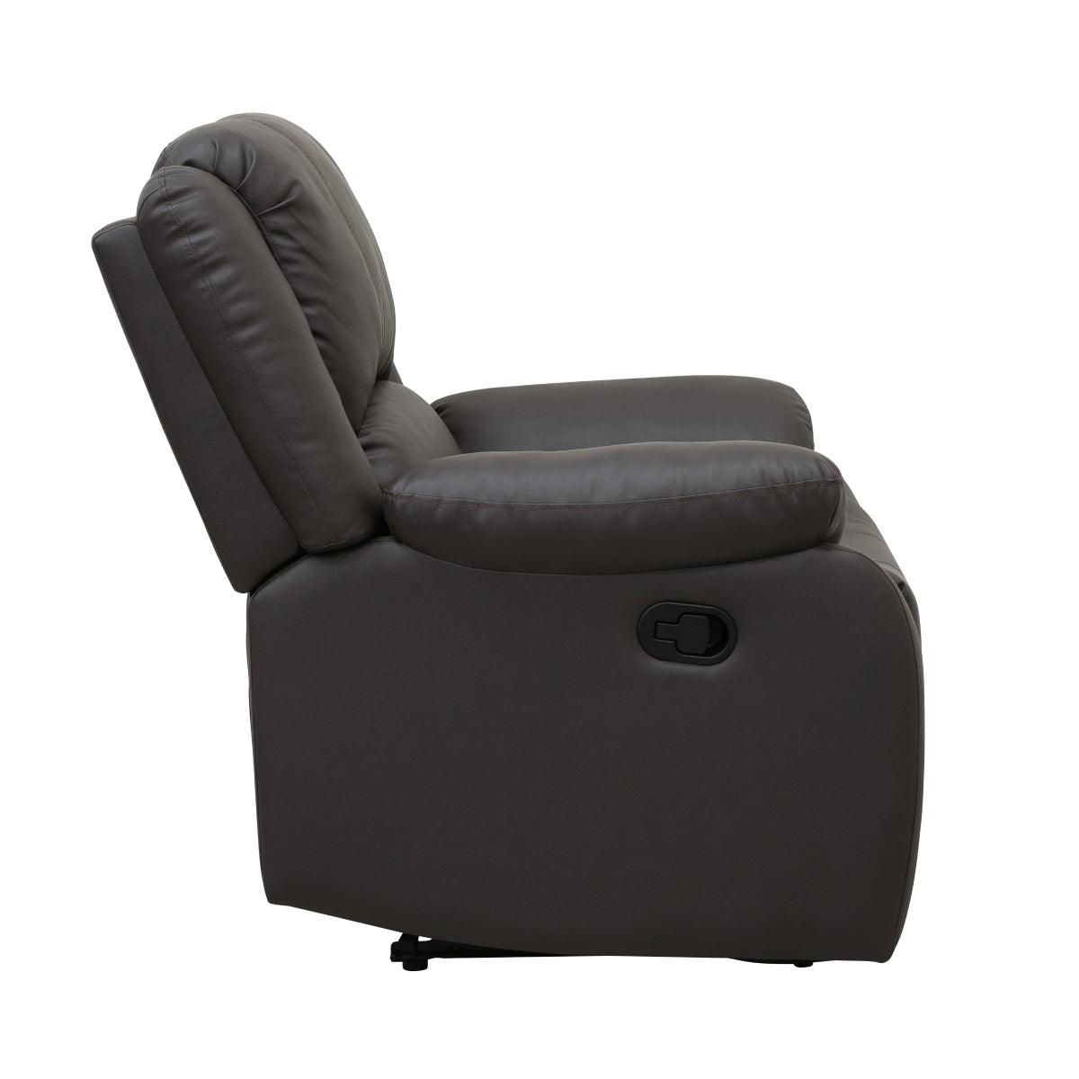 Fairview dark brown faux leather recliner chair close-up of armrest