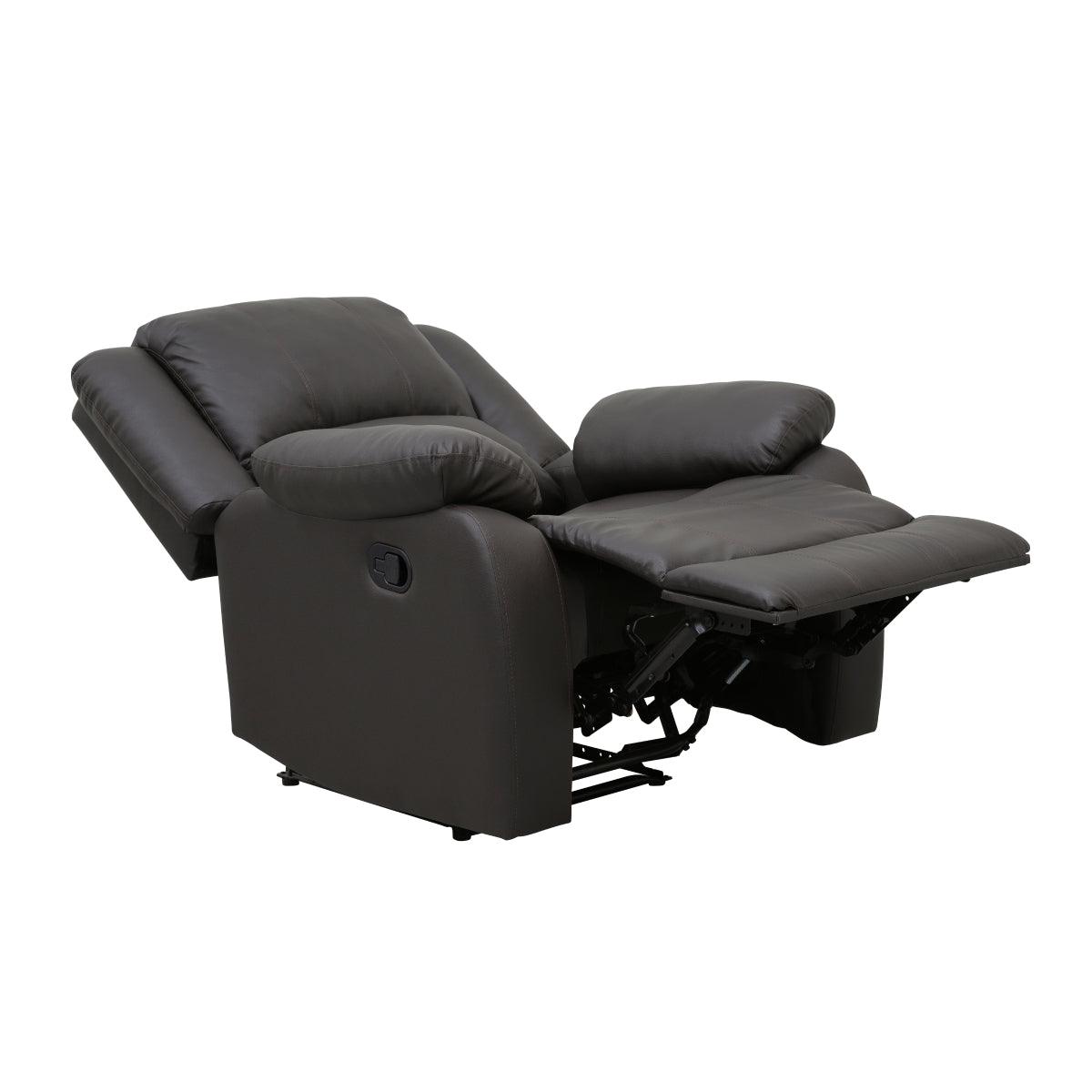 Fairview dark brown faux leather recliner chair cushioned seat detail