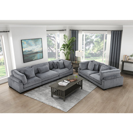 Black faux wood finish feet of loveseat