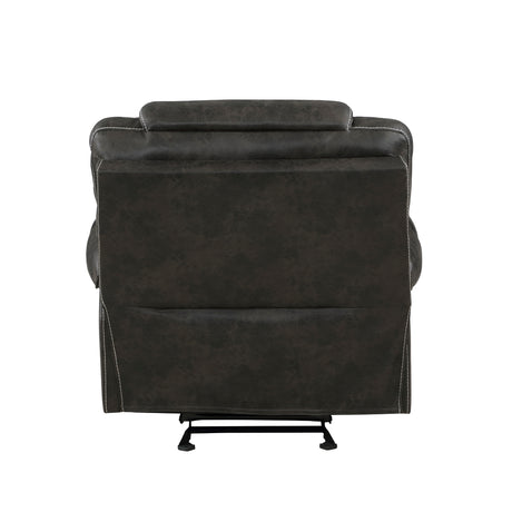 Fully reclined Gainesville Glider Recliner Chair in chocolate microfiber