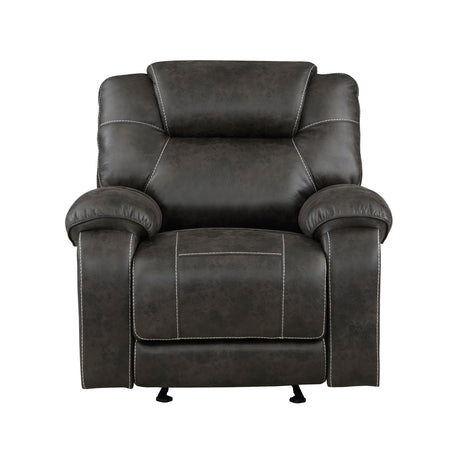 Gainesville Glider Recliner Chair in chocolate microfiber, angled front view