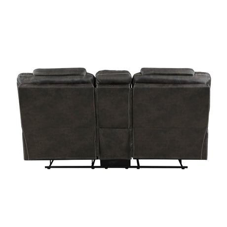 Loveseat center console with cup holders and storage