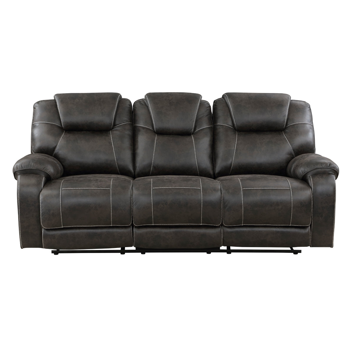 Gainesville chocolate microfiber double reclining sofa front angle