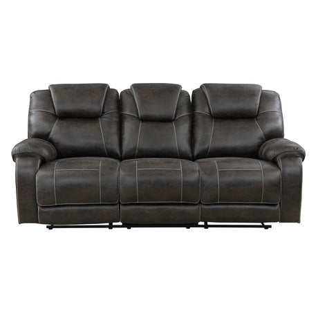 Gainesville chocolate microfiber double reclining sofa front angle