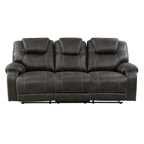 Gainesville chocolate microfiber double reclining sofa front angle