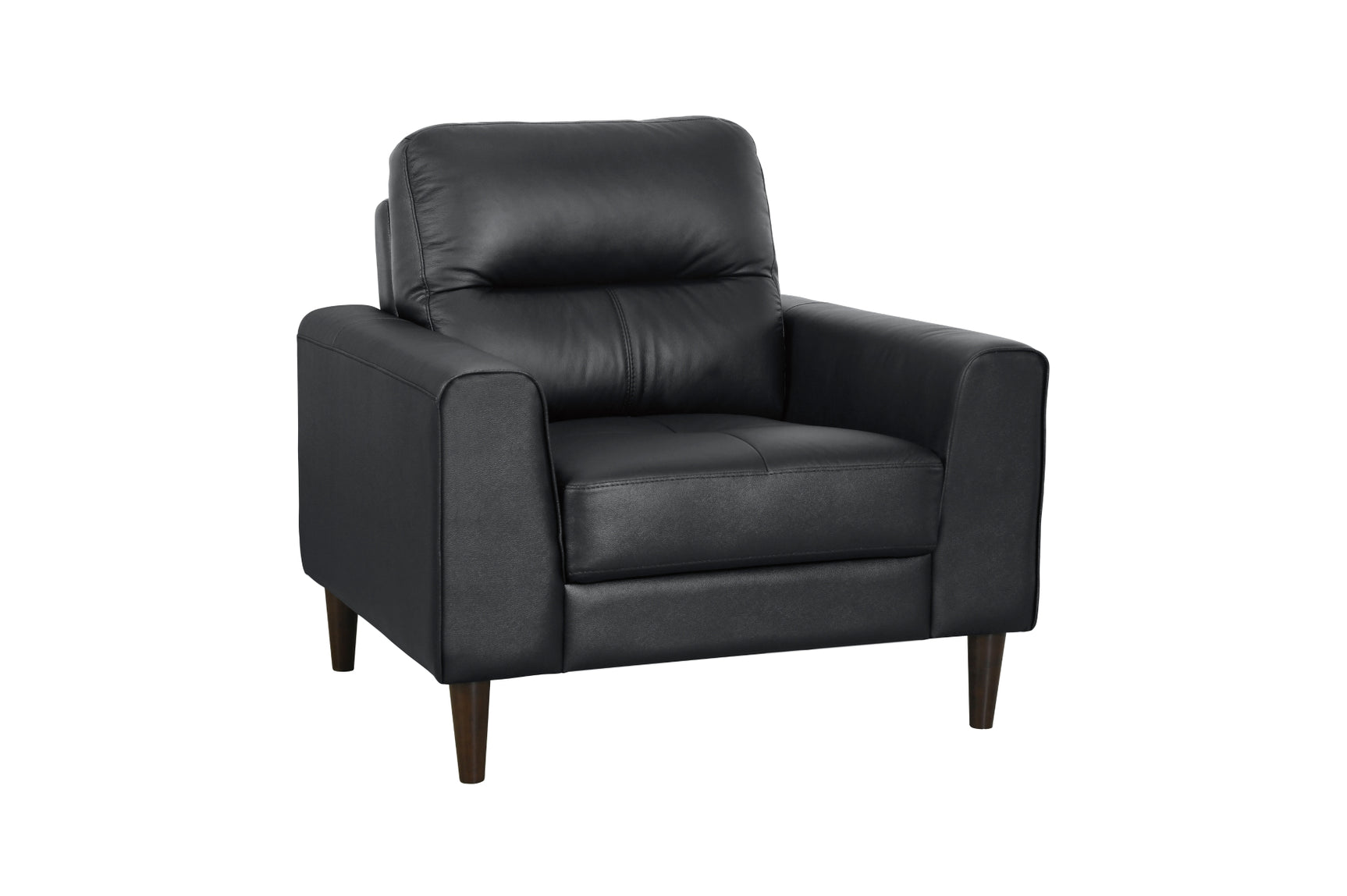 Love seat side profile showing brown leather upholstery