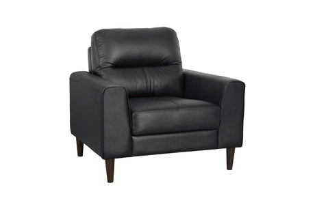 Love seat side profile showing brown leather upholstery