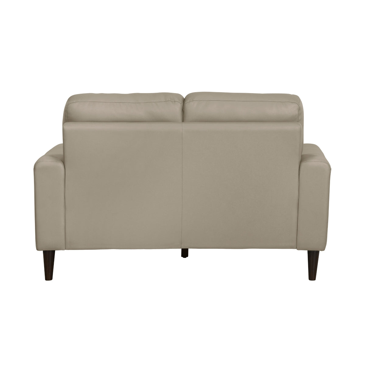 Side view of Lewes Latte Leather Loveseat showing track arms