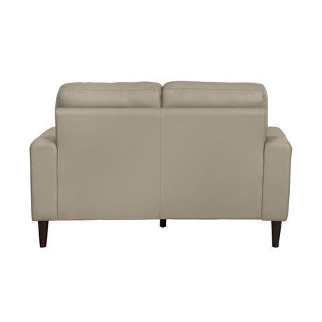 Side view of Lewes Latte Leather Loveseat showing track arms