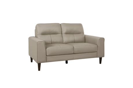 Front view of Lewes Latte Faux Leather Love Seat