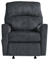 Side view of recliner showing upholstery and armrest