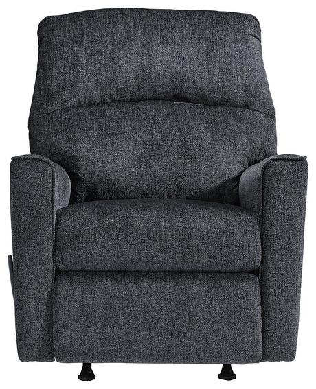 Side view of recliner showing upholstery and armrest