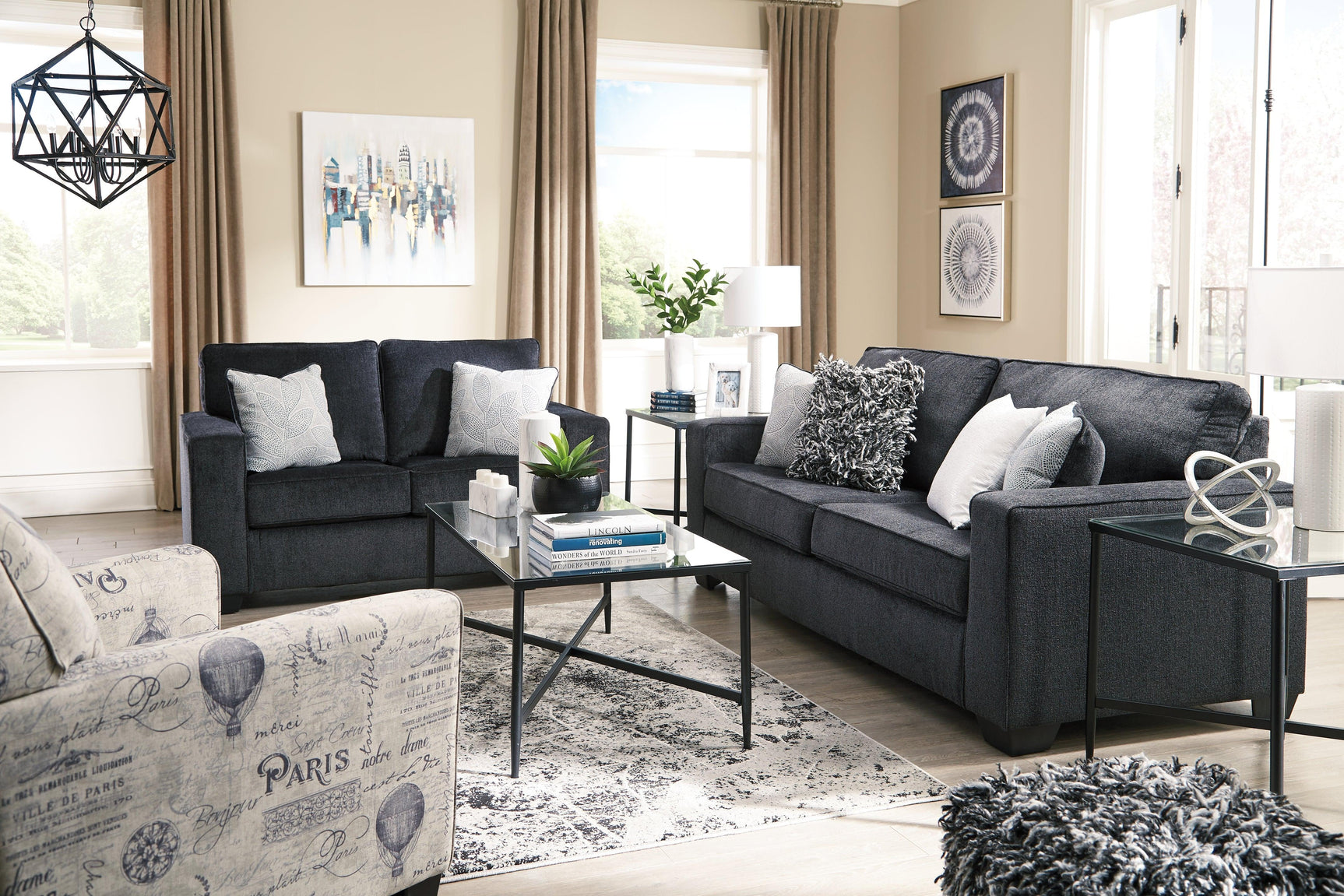 Detailed close-up of seat cushion and arm on Altari Slate Sofa