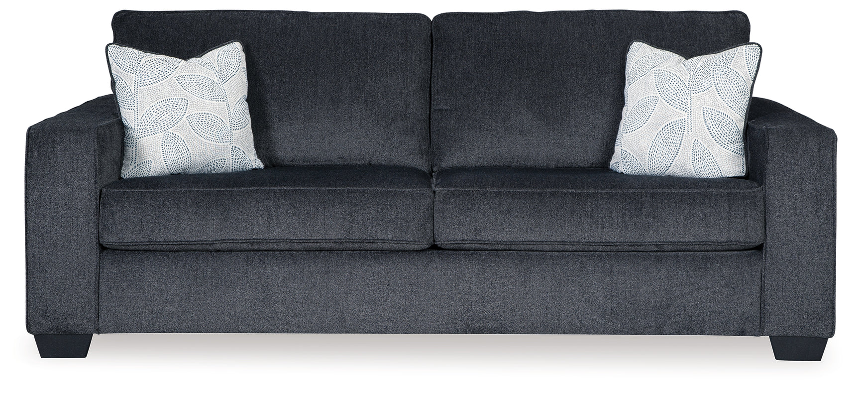 Altari Slate sofa and loveseat with floral pillows
