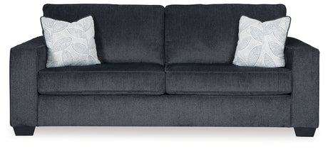 Altari Slate sofa and loveseat with floral pillows