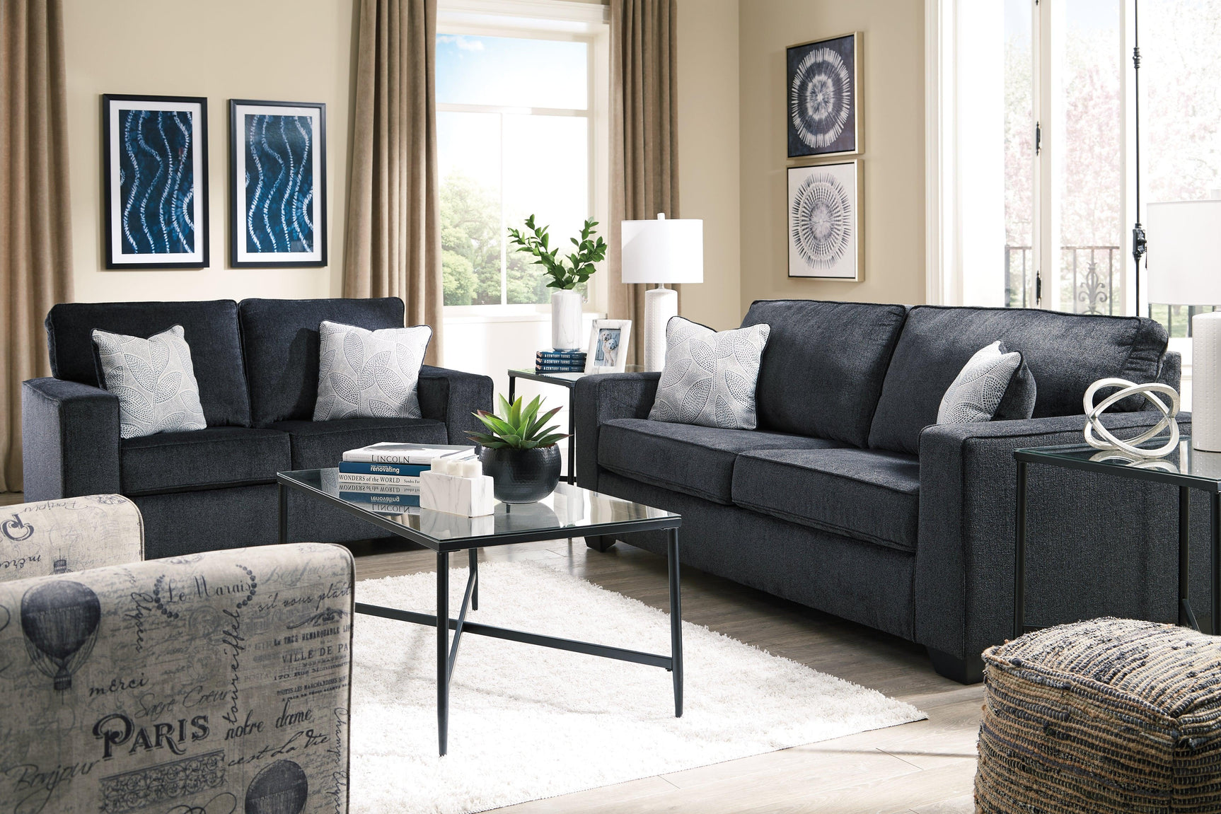 Altari Slate Chenille Loveseat staged in living room