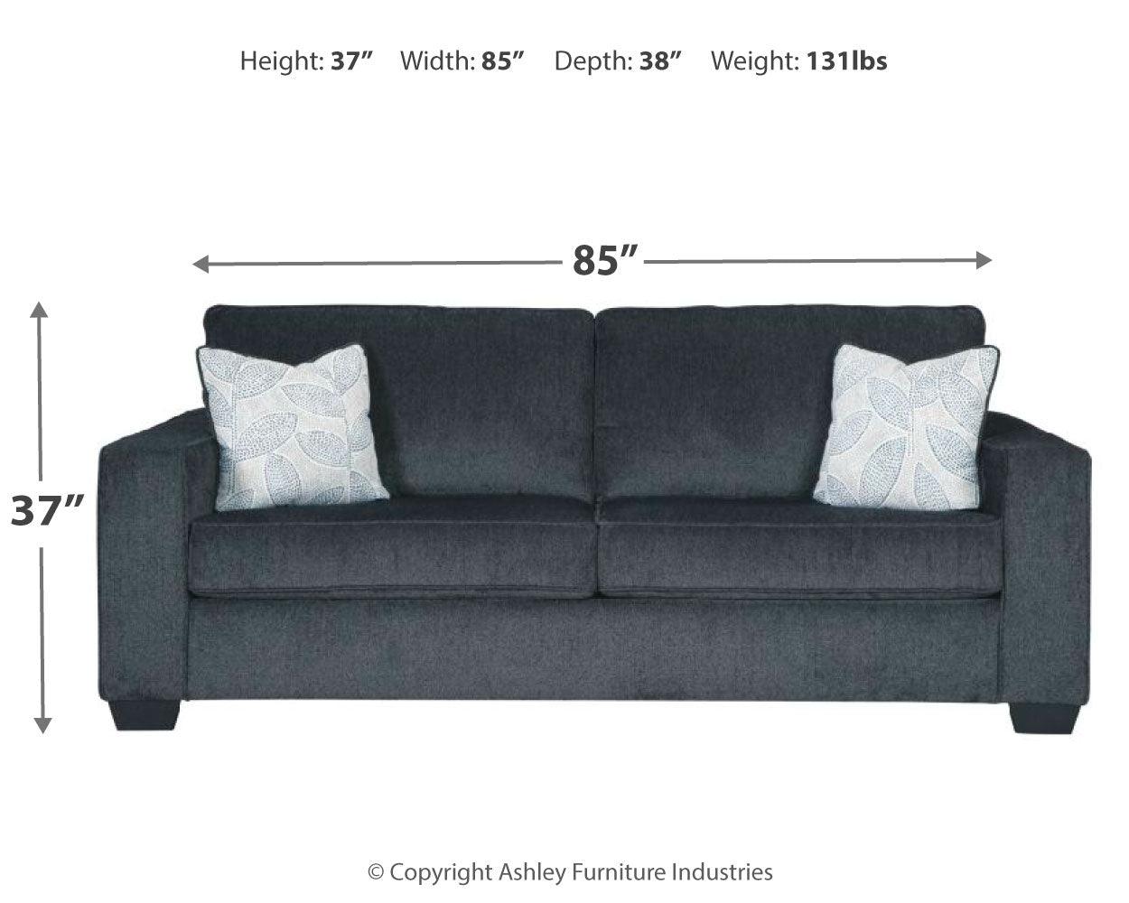 Altari Slate Chenille Sofa with dimensional measurements displayed