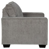 Altari Alloy Chenille Chair side profile revealing arm height and faux wood feet