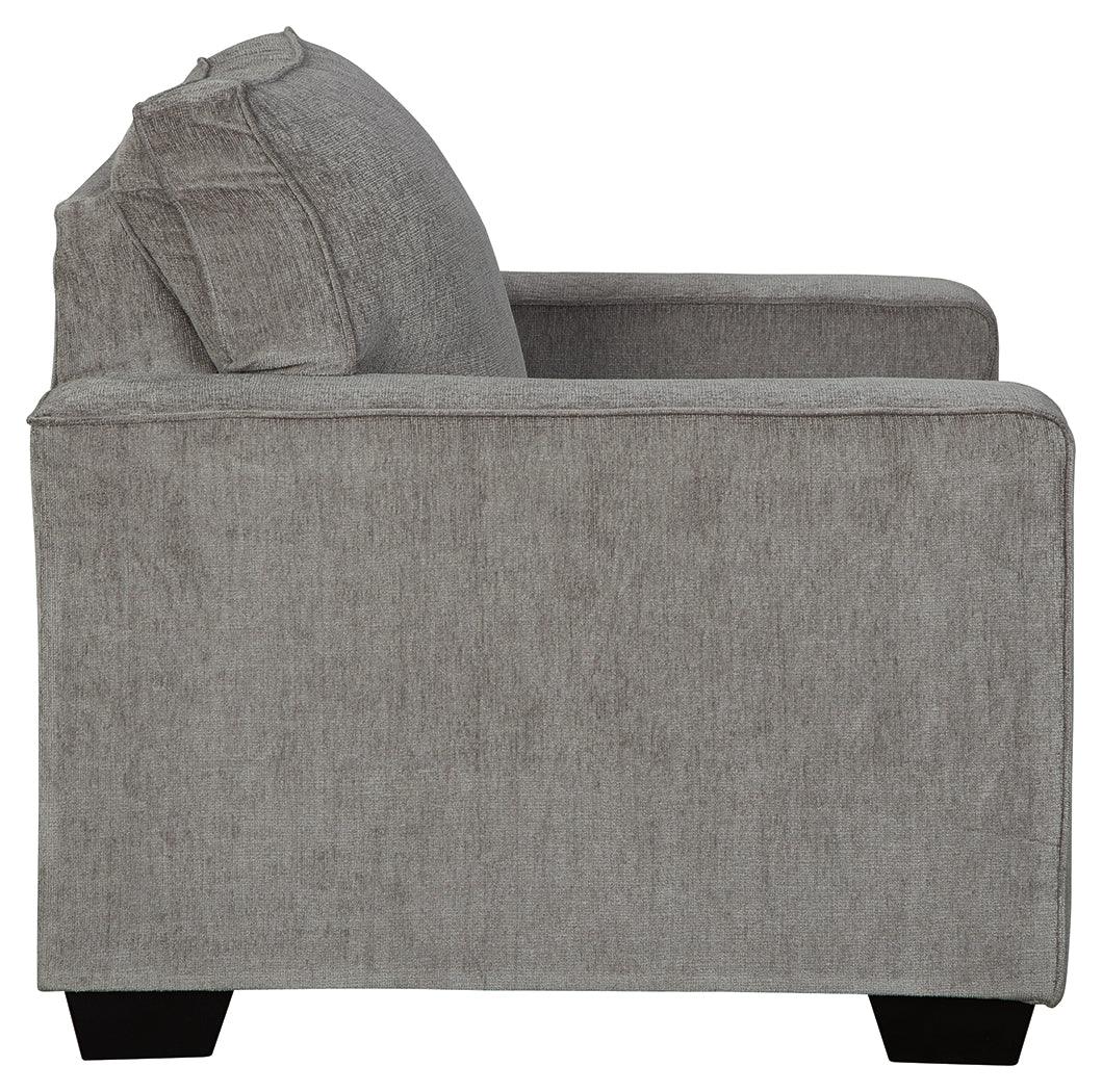 Altari Alloy Chenille Chair side profile revealing arm height and faux wood feet