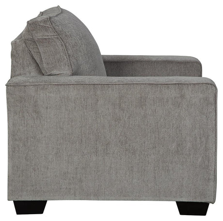 Altari Alloy Chenille Chair side profile revealing arm height and faux wood feet